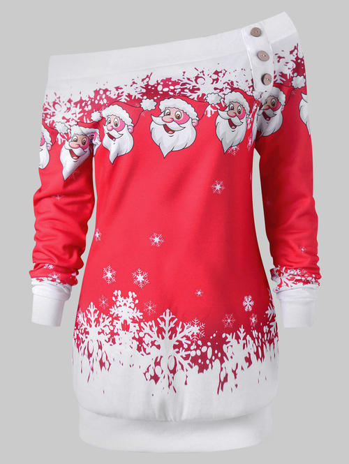  Santa Claus Snowflake Skew Neck Pullover