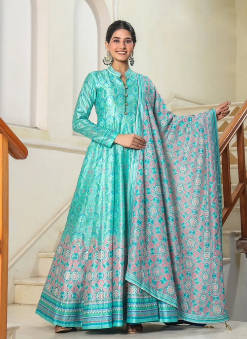 Arctic Blue Designer Gown Exclusive in Killer Silk with Digital Print