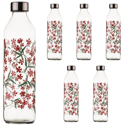 Set of 6, 800 ml Each Flower Fire Printed Glass water bottle