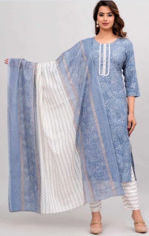 Abstract Printed Cotton Kurta Pant set with Dupatta set (SIZE-2XL)