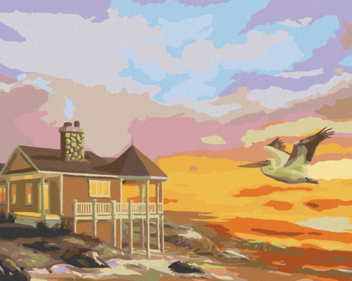 Zuty - Paint by Numbers - PELICAN, HOUSE BY THE SEA AND SUNSET (D.