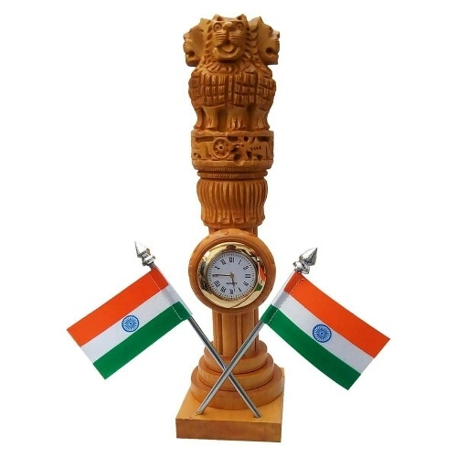 Wooden ashoka pillar Showpiece two indian flag