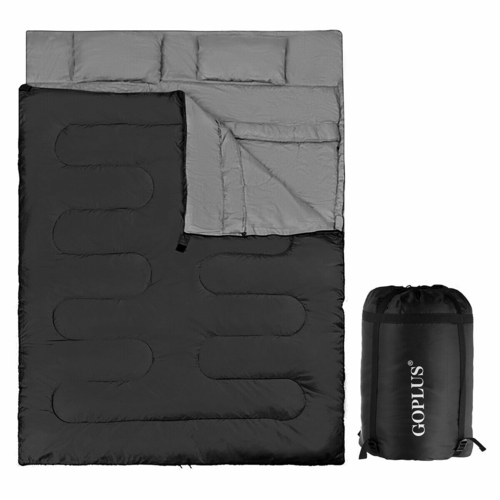 Double Sleeping Bag 2 Person Waterproof with 2 Pillows-Black