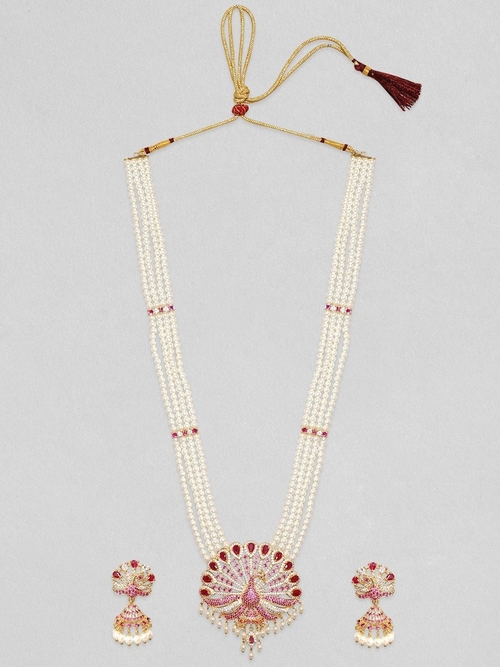 Gold Plated Ruby Zircon Pearl Beaded Peacock Long Necklace Set