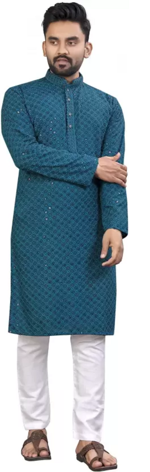 Men Embroidered Cotton Rayon A-line Kurta  (Light Blue) (Size UK 36)