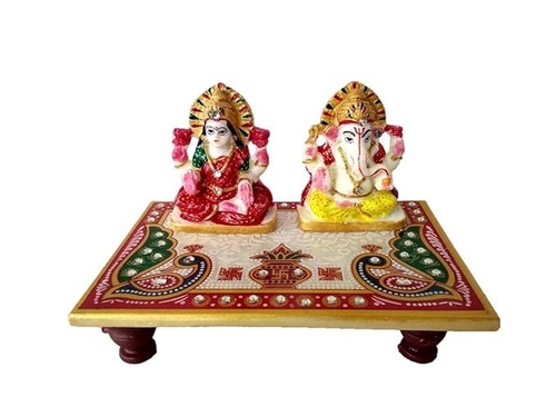 Laxmi Ganesh Marble Chowki With Meenakari Work 6X4 Inches Multicolour