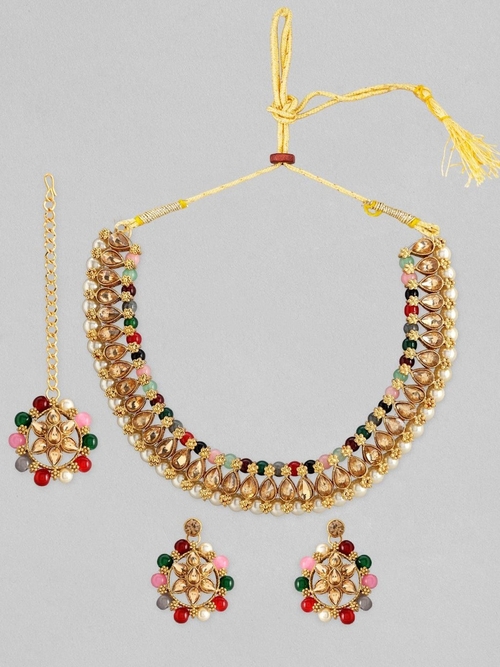 Gold Plated Kundan Necklace Set With Multicolour Beads