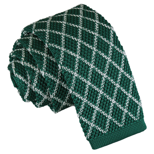 Diamond Grid Knitted Skinny Tie - White & Olive