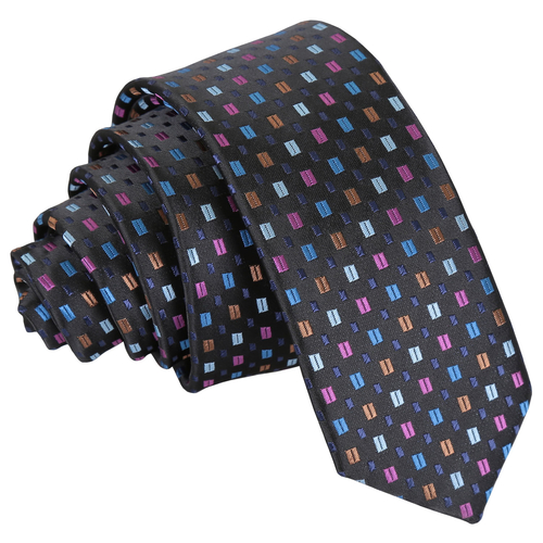 Bohemian Geometric Skinny Tie - Black with Blue and Pink