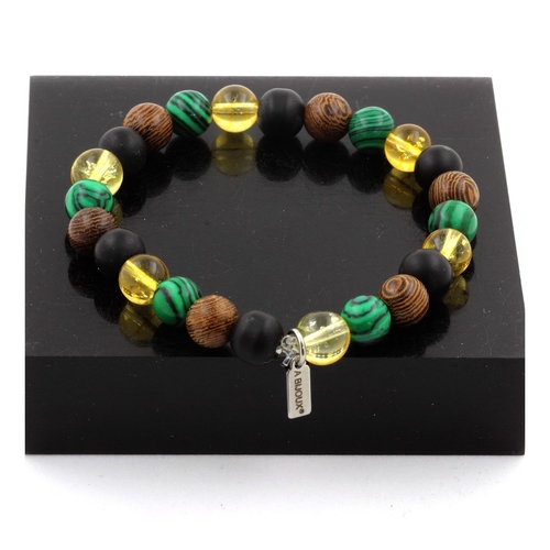 Citrine + Malachite + Matte Black Onyx + Wood Bracelet 8 mm Beads.
