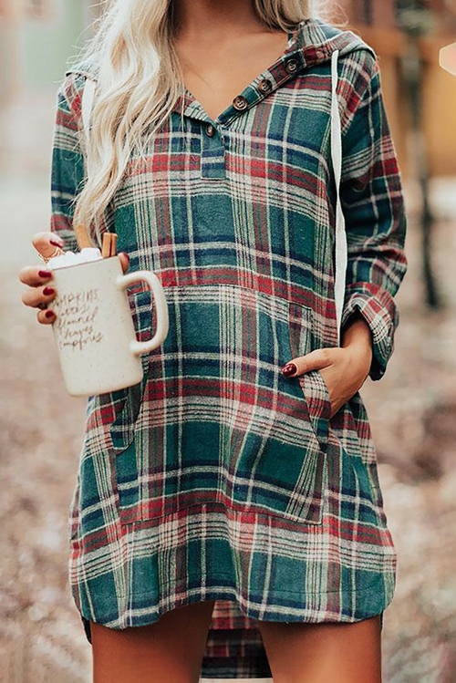 Green Hooded Button Placket Plaid Mini Dress with High/Low Hem