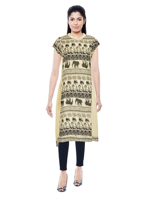 Rayon Elephant Printed Women’s Kurti In Beige