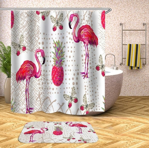 Rich Pink Flamingo Pineapple And Butterflies Shower Curtain