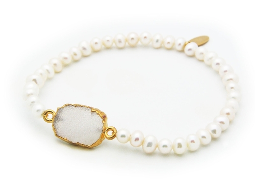 Fronay 212148 White Druzy Mini Fresh Water Pearls Elastic Bracelet in 