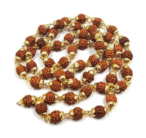 Natural Original 5 Panch Mukhi Rudraksha Jaap Mala Yellow Gold