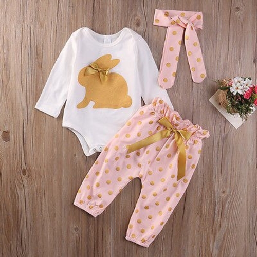 3Pcs Newborn Infant Baby Girls Clothes GOLD RABBIT