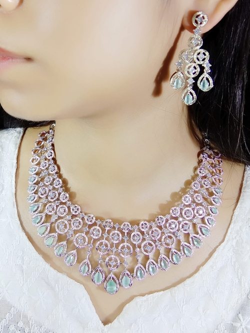 Artificial Multi Sea Green Transaprent Diamond Necklace Cz Stone