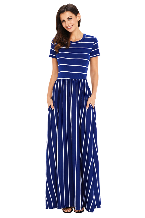 White Striped Navy Short Sleeve Maxi Dress