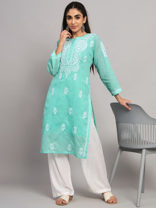 Hand Embroidered Chikankari Cotton Straight Kurta (Size-L) (Color-SEA
