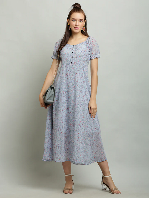 Women Printed Puff Sleeves A-Line Dress (Size-XL) (Color-BLUE)