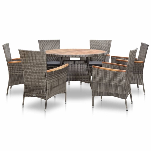 7 Piece Outdoor Dining Set Poly Rattan Acacia Wood Gray