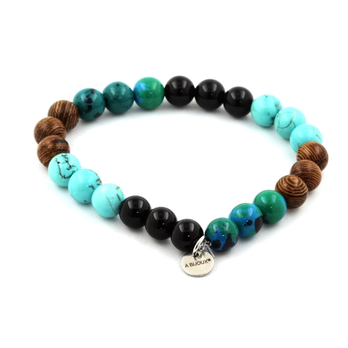 Chrysocolla + Turquoise + Black Agate + Wood Bracelet 8 mm Beads.