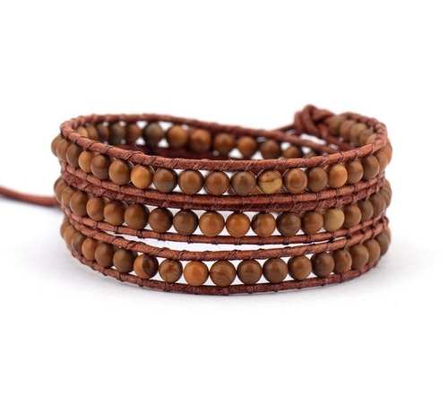 Men Bracelet Natural Stone Beads 3 Strands Leather