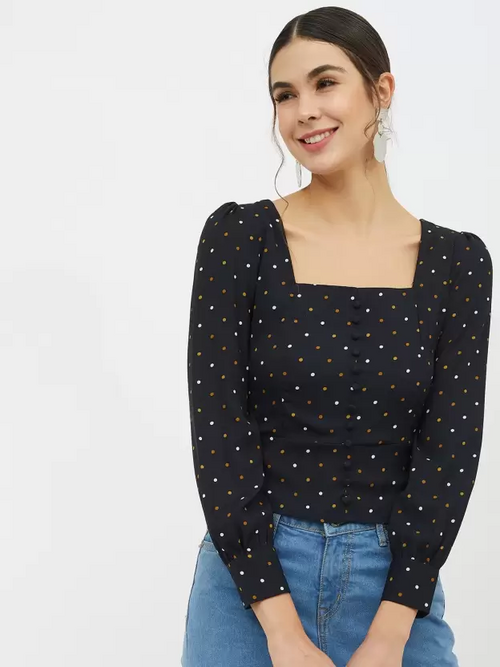 Casual Regular Sleeves Printed Women Dark Blue Top (Size M)