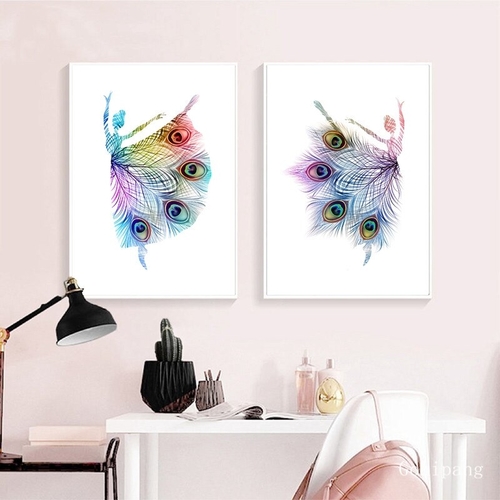 Abstract Ballerina Dancing Prints Peacock Feathers