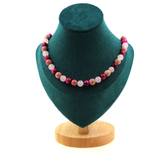 Quartz + Rhodonite + Tiger's Eye 8 mm beads necklace.