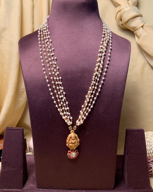 Ravishing Goddess Laxmi Gold Plated Pachi Kundan Long Pearl Mala
