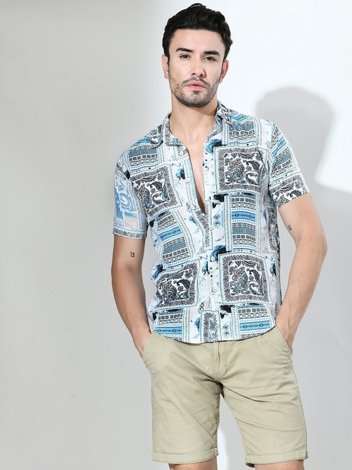 Bandana Printed Half Sleeves Casual Shirt-Blue shade (Size-L)