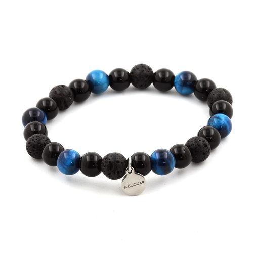 Light Blue Tiger's Eye + Lava + Black Agate Bracelet 8 mm Beads.