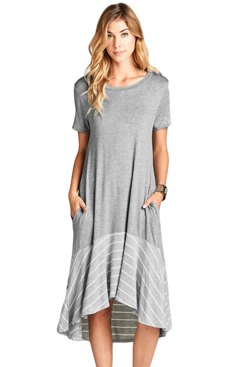 Gray Hi-low Striped Ruffle Hem Midi Dress