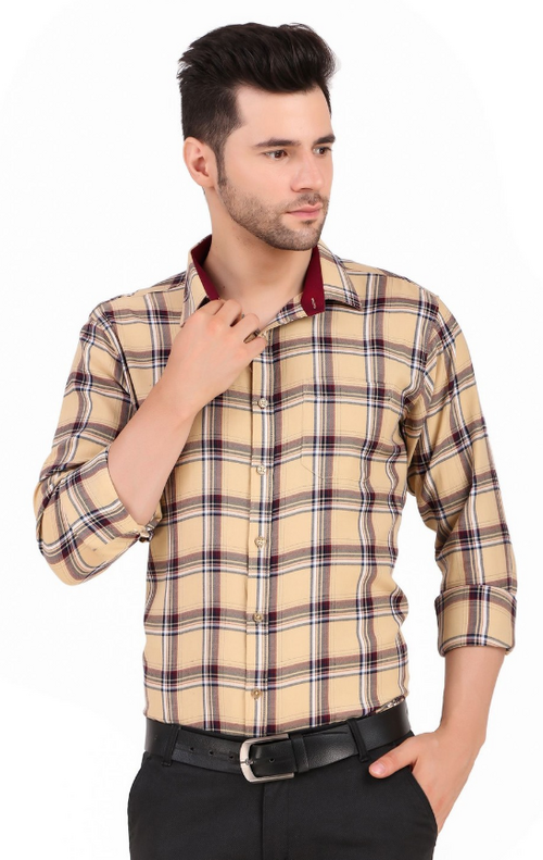 Men Classic Slim Fit Opaque Checked Casual Shirt (Color Beige) (Size
