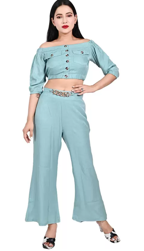 Women Cotton Blend Crop Top Palazzo Set (Color Sky Blue) (Size S)