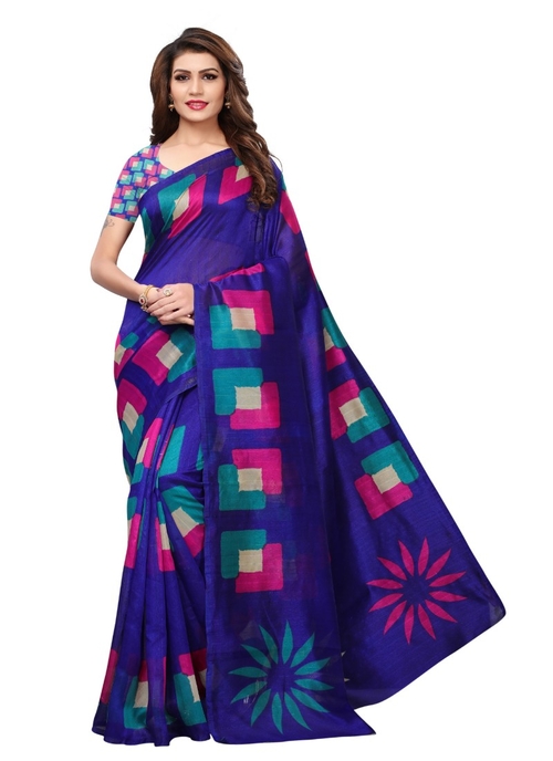 Blue Color Printed Bhagalpuri Silk Saree With