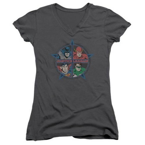 Trevco Jla-Four Heroes Junior V-Neck Tee- Charcoal - Small