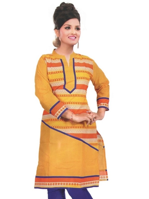 Mustard Printed Cotton Women's Kurti