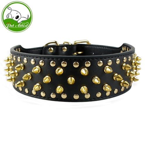 2 Inch Wide Golden Spiked Leather Dog Collar For