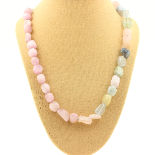 Beryl Morganite + Kunzite bead necklace stainless steel chain