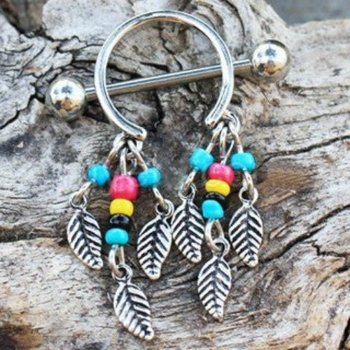 316L Surgical Steel Multi-Colored Beads Feather Dangle Nipple Shield