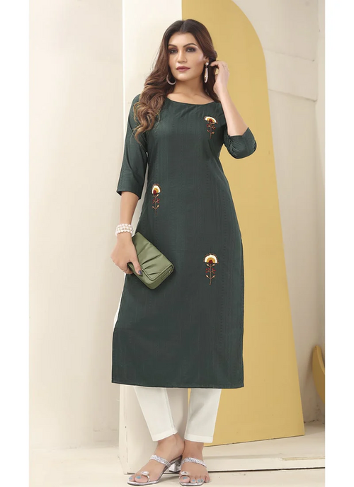 Vision Silk Straight Salwar Suit, Handmade Embroidery (Size-L)