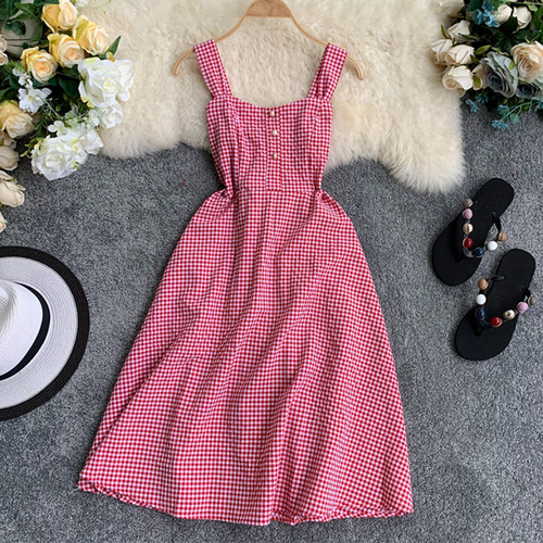 Women Plaid Dress Female Square Collar Knee