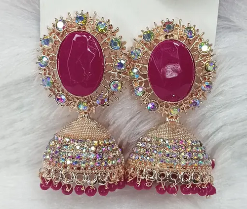 Women's TRADITIONAL WEDDING DESIGN KUNDAN STONE WORK JHUMKA Color Pink