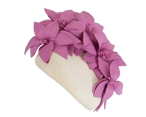 Cream & fuchsia pillbox with leather flowers 