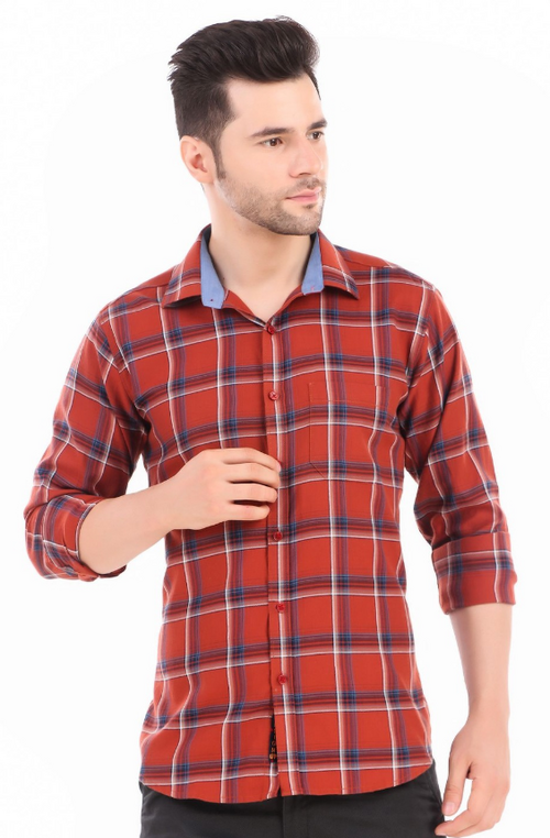 Men Classic Slim Fit Opaque Checked Casual Shirt (Color Rust) (Size
