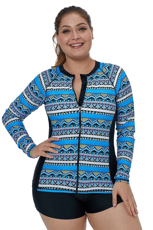 Blue Tribal Geometry Front Zip Rashguard Top