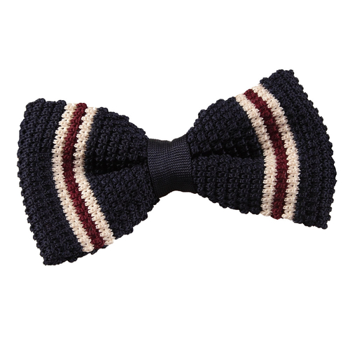 Knitted 3 Thin Stripe Bow Tie - Knitted Navy with Burgundy & Cream