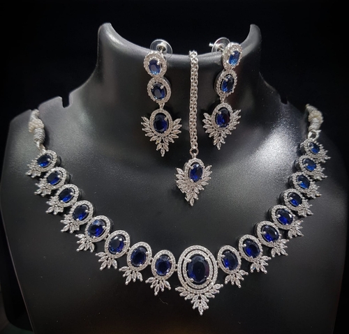 Light Blue Stone Women Necklace Set With Long Maang Tika & Two Drop